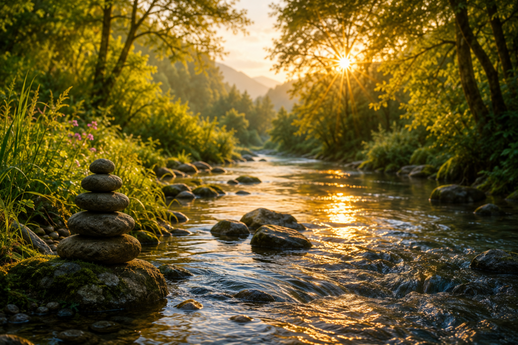 Fluss des Lebens – Bach im Wald mit goldenem Sonnenlicht als Symbol für den natürlichen Lebensfluss