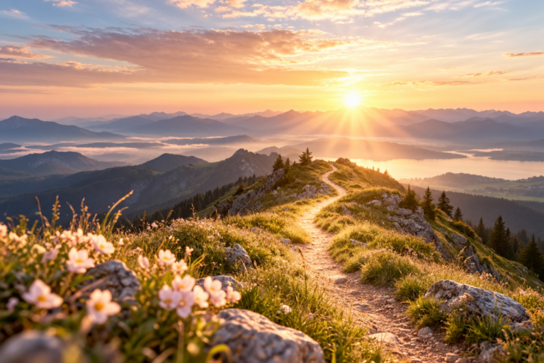 Lichtvoller Bergpfad im goldenen Abendlicht